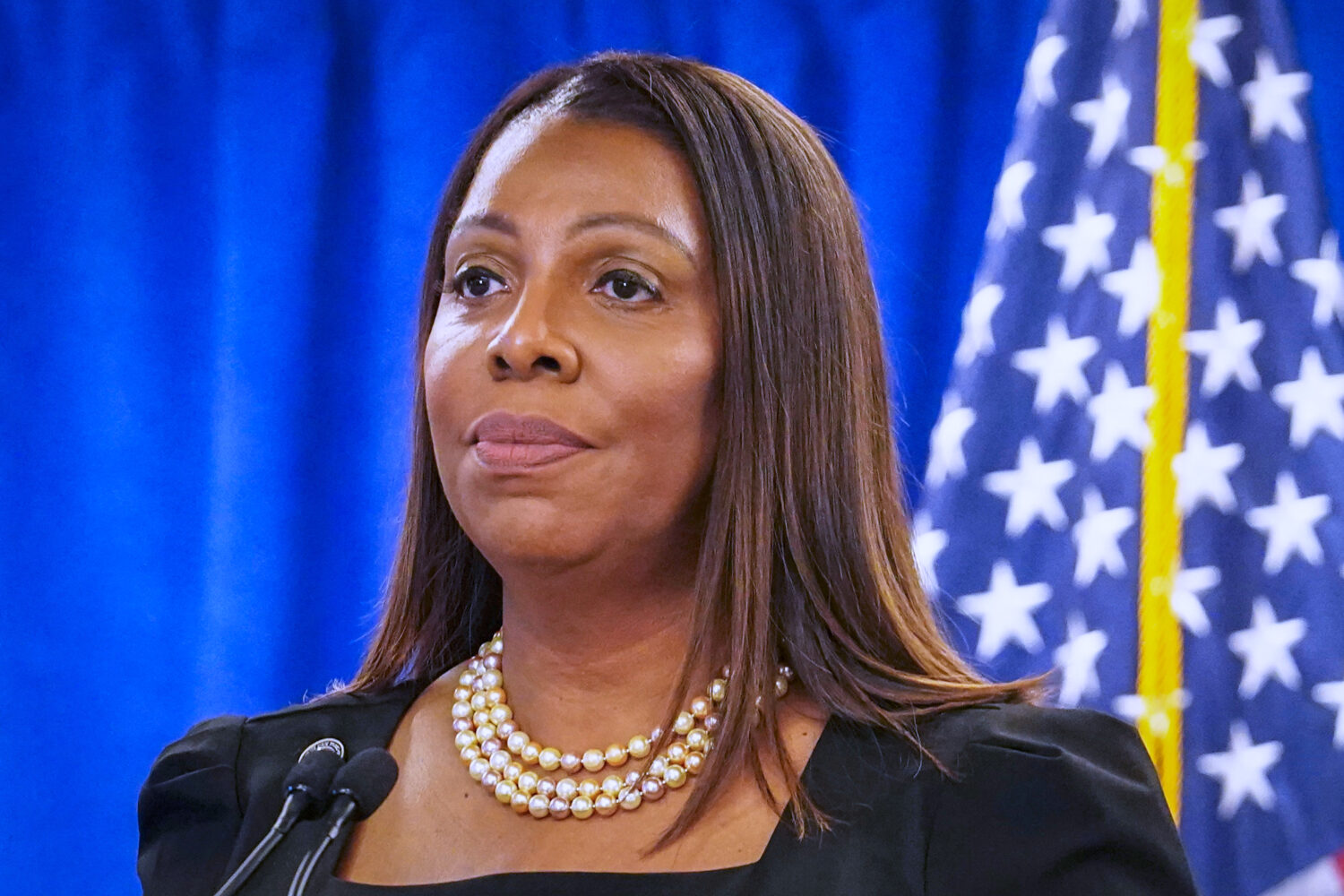 FILE - New York Attorney General Letitia James speaks during a press briefing, Feb. 16, 2024, in Ne...