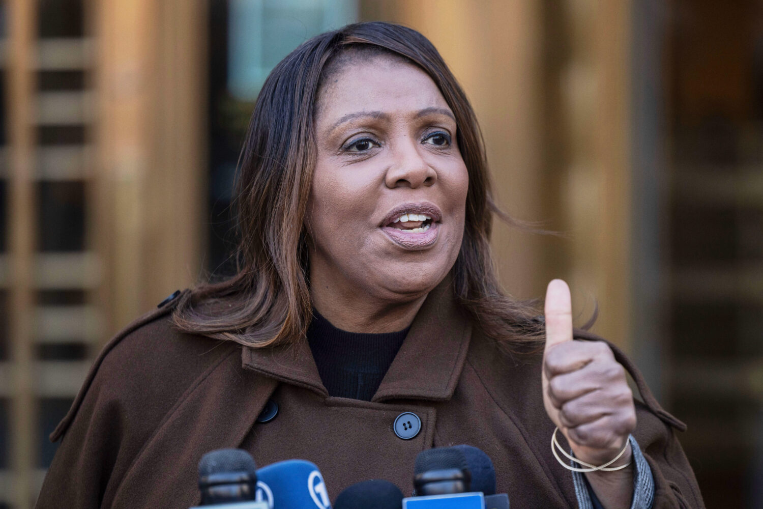 FILE - New York Attorney General Letitia James speaks during a news conference outside Manhattan fe...
