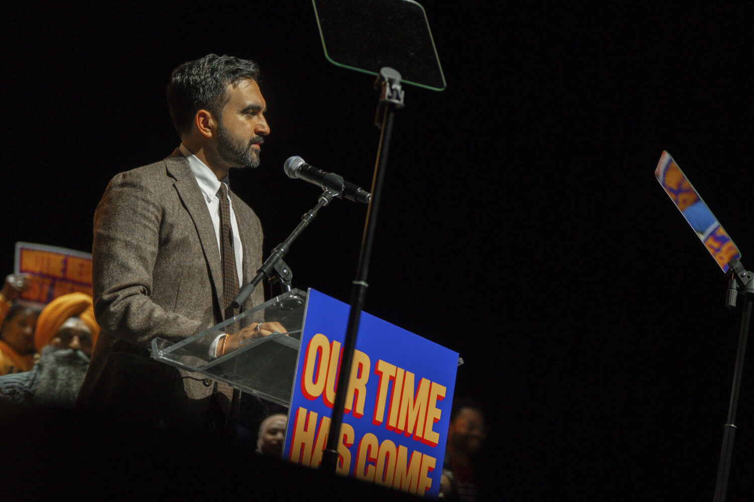 New York City mayoral candidate Zohran Mamdani speaks during his election campaign event, Monday, O...