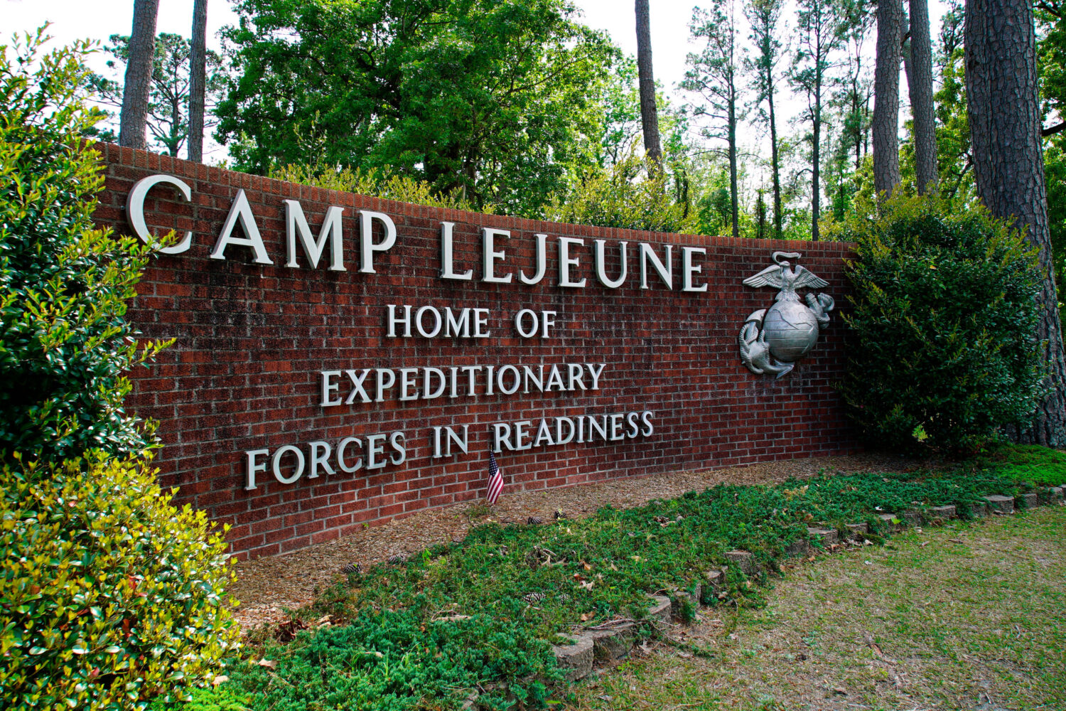 FILE - The main gate to Camp Lejeune Marine Base is seen outside Jacksonville, N.C., April 29, 2022...
