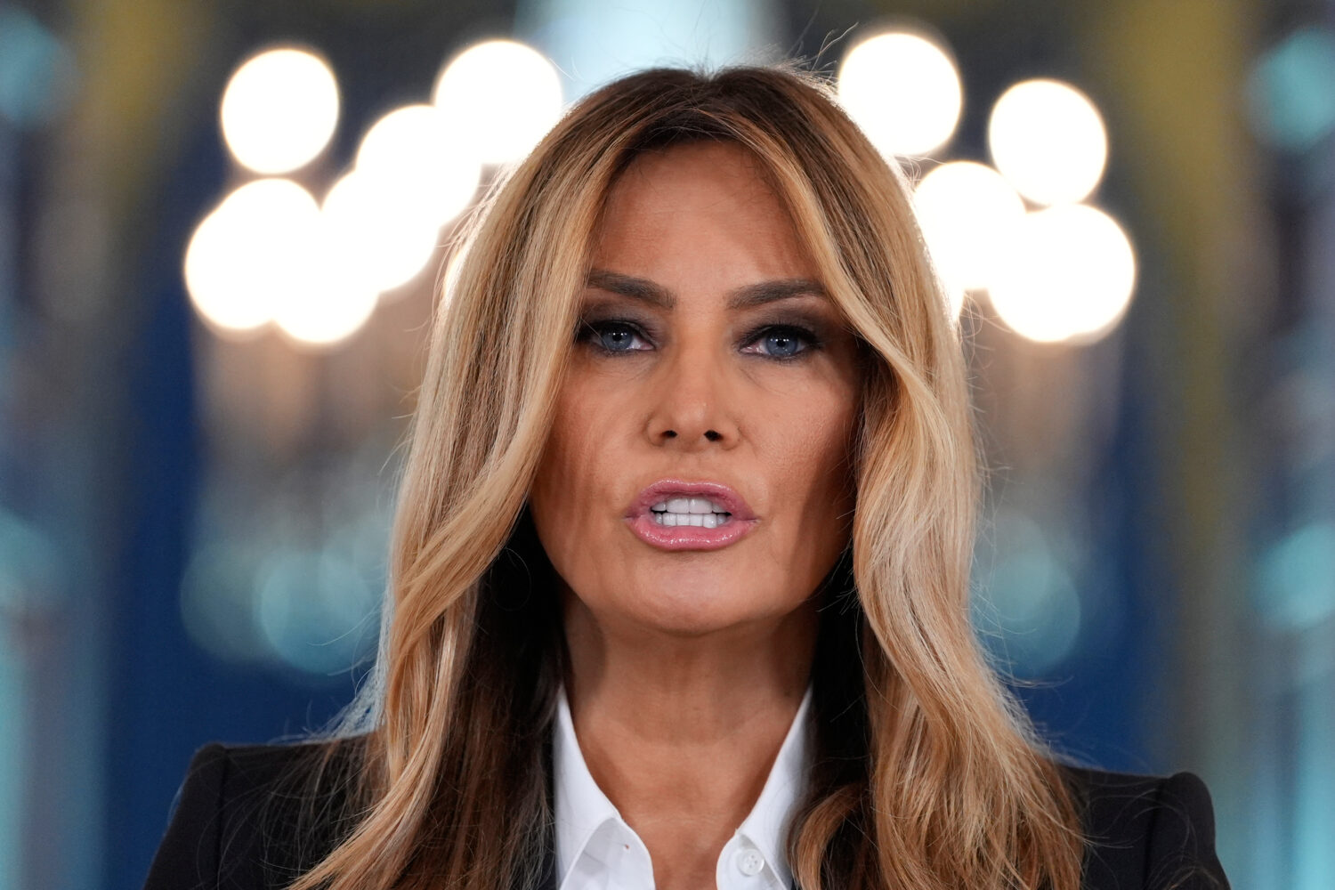 First lady Melania Trump speaks in the Grand Foyer of the White House, Friday, Oct. 10, 2025, in Wa...