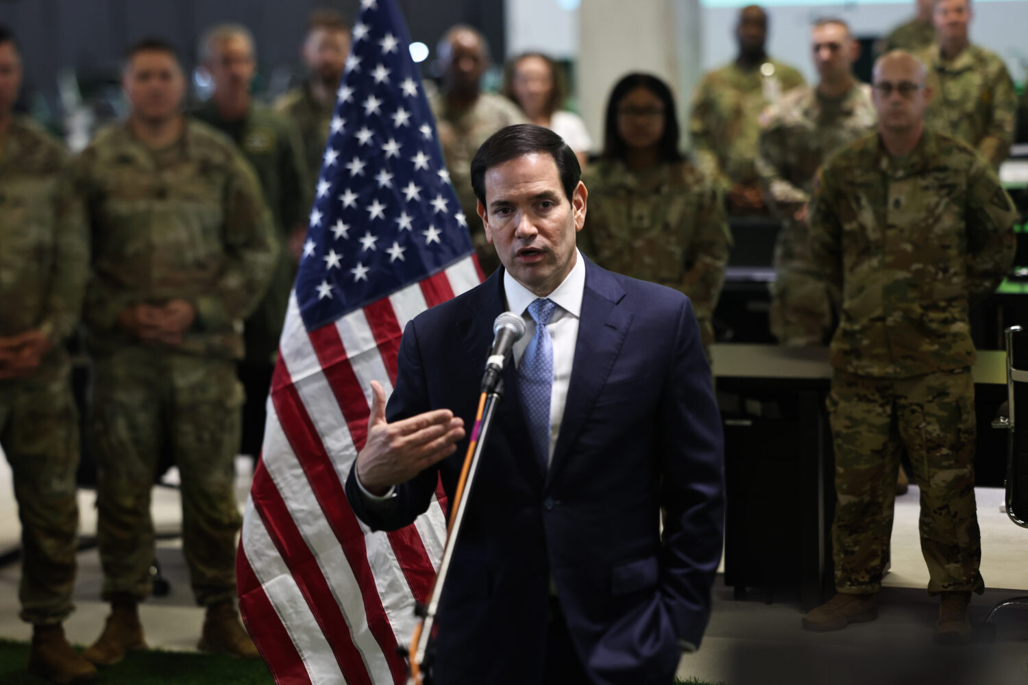 US Secretary of State Marco Rubio speaks to the media after visiting the Civil-Military Coordinatio...