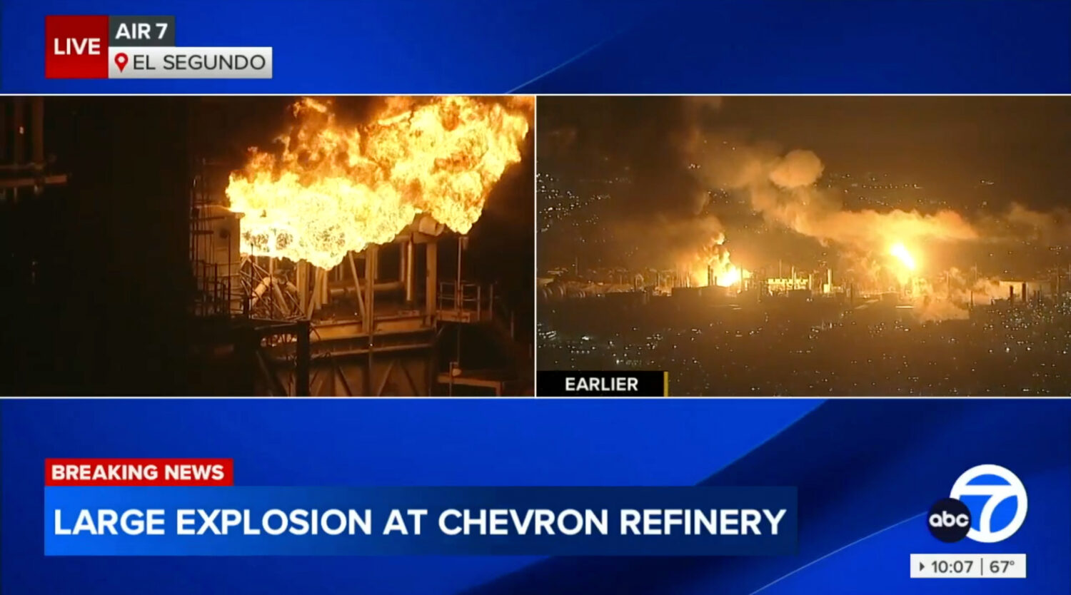 This image taken from video by ABC7 shows flames rising from the Chevron refinery in El Segundo, Ca...