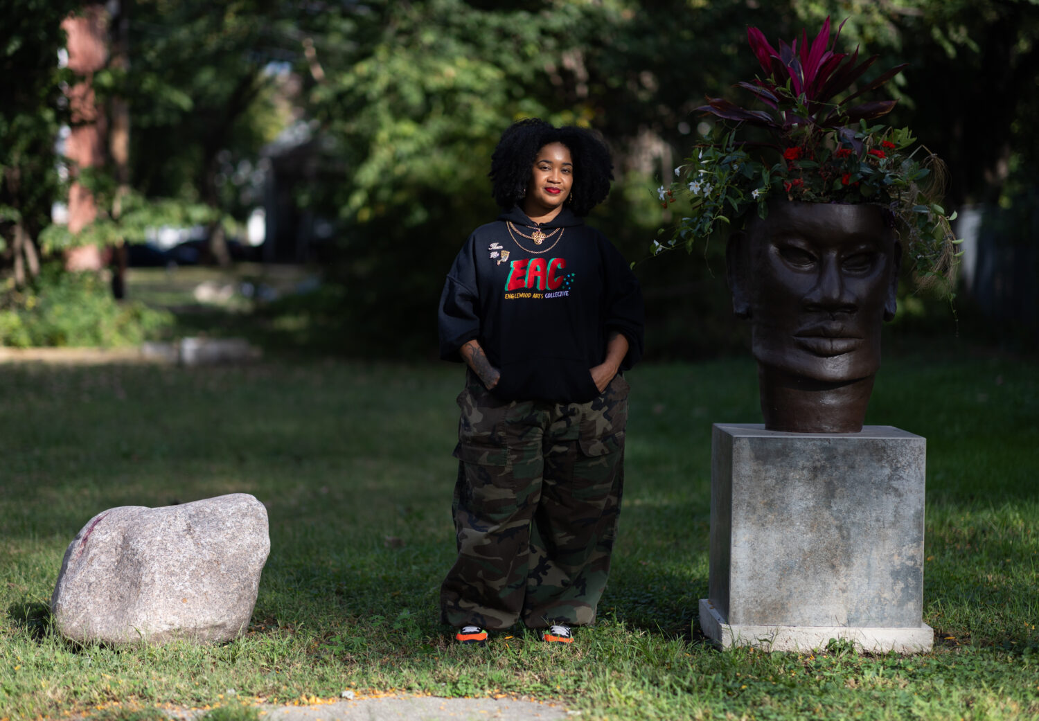 Artist Tonika Lewis Johnson stands for portrait in the 6500-block of South Aberdeen Street in Chica...