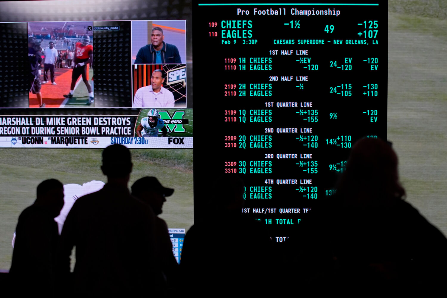 FILE - Betting odds for Super Bowl LIX are displayed on monitors at the Circa resort and casino spo...
