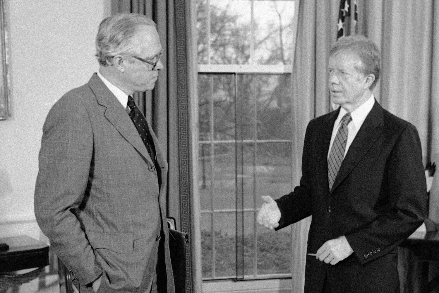 FILE - President Jimmy Carter, right, meets with Attorney General Benjamin Civiletti at the White H...