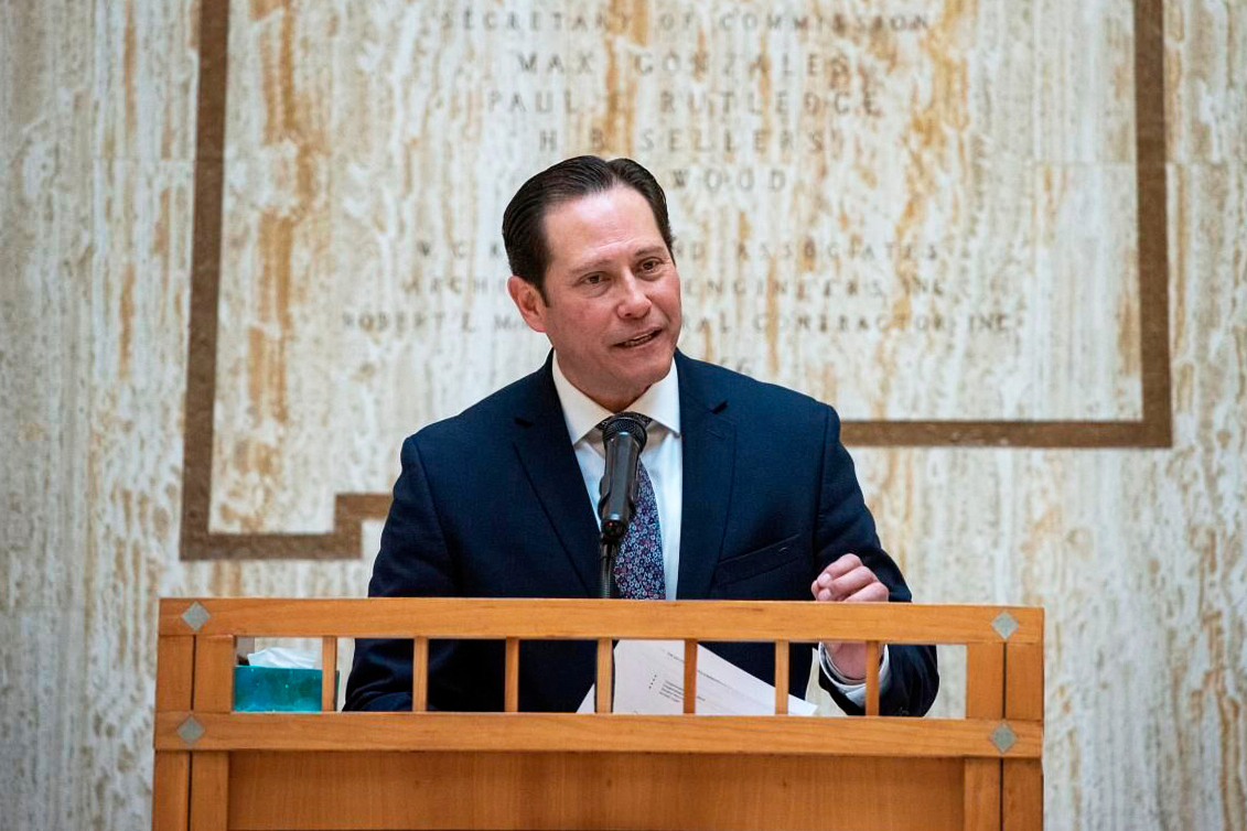 James Mountain emcees an American Indian Day event in Santa Fe on Feb. 3, 2023. (Eddie Moore/The Al...