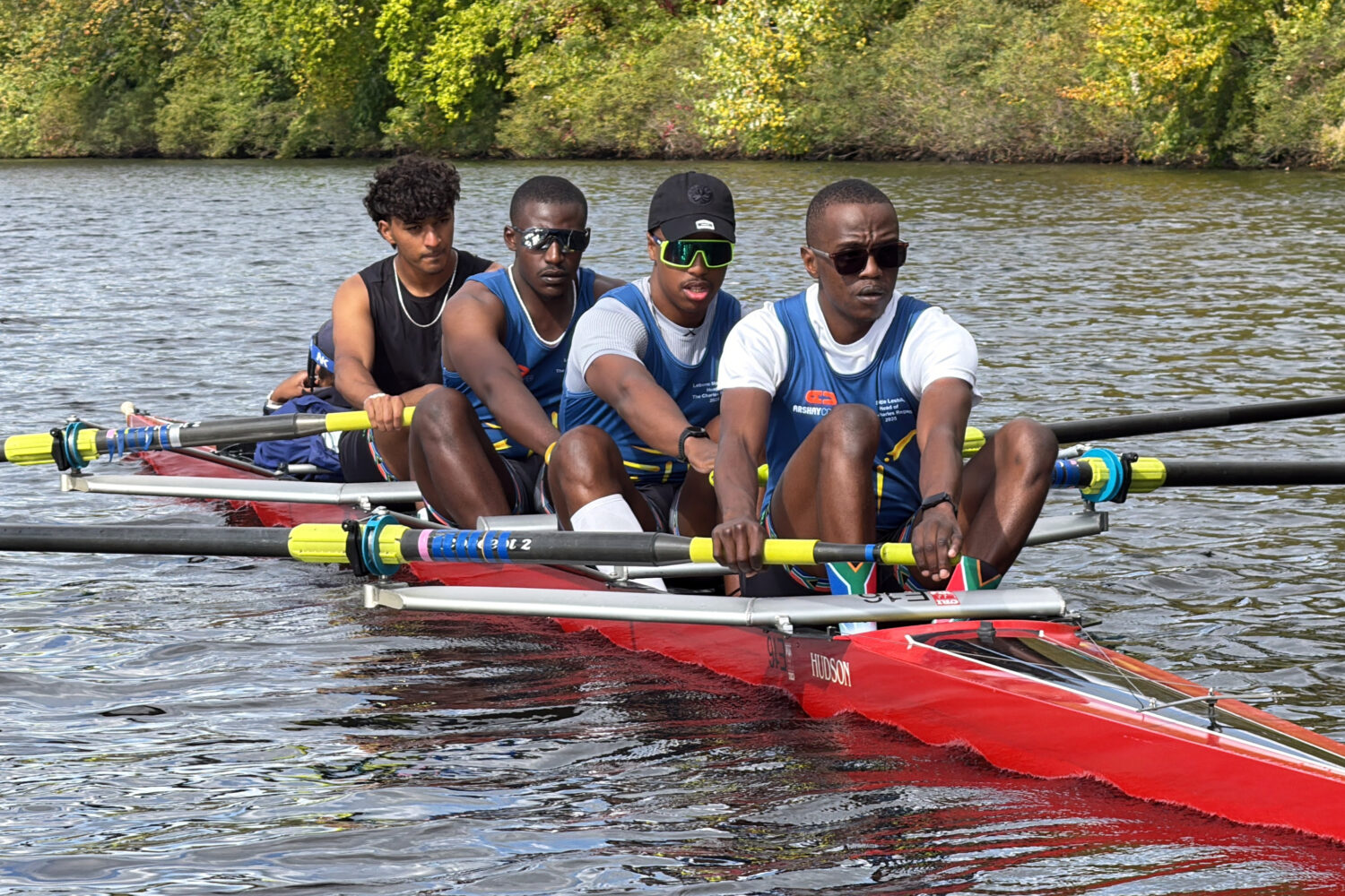 South African rowers, from left, Sheldon Krishnasamy, Lwazi-Tsebo Zwane, Lebone Mokheseng, and Sepi...