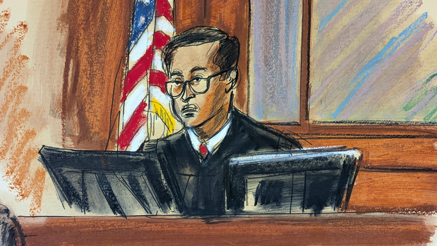 In this courtroom sketch, Judge Arun Subramanian sentences Sean Diddy Combs in Manhattan federal co...