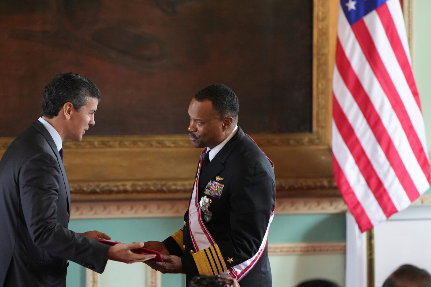 FILE - Paraguay's President Santiago Peña awards the Order of Merit "Gral Div Bernardino Caballero...