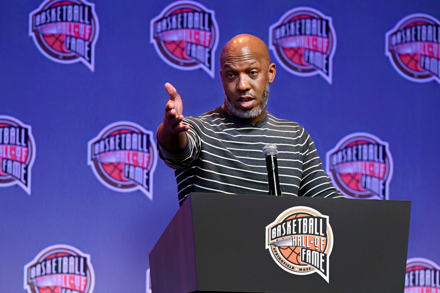 FILE - Basketball Hall of Fame Class of 2024 inductee Chauncey Billups speaks at a hall of fame new...