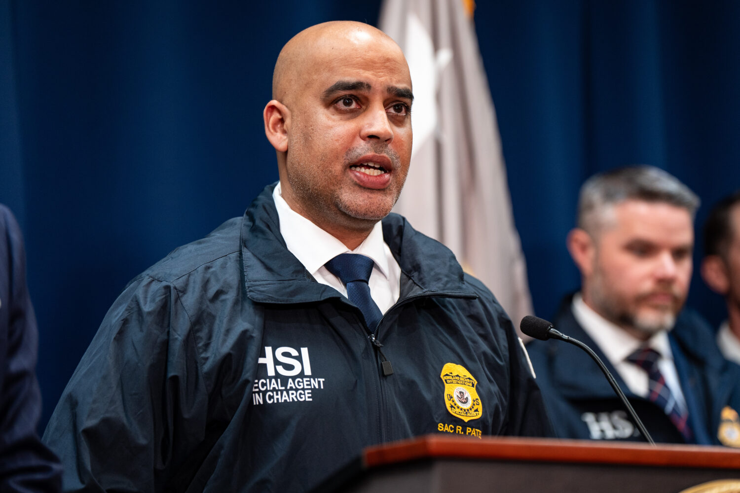 Homeland Security Investigations New York Special Agent in Charge Ricky J. Patel speaks at a news c...