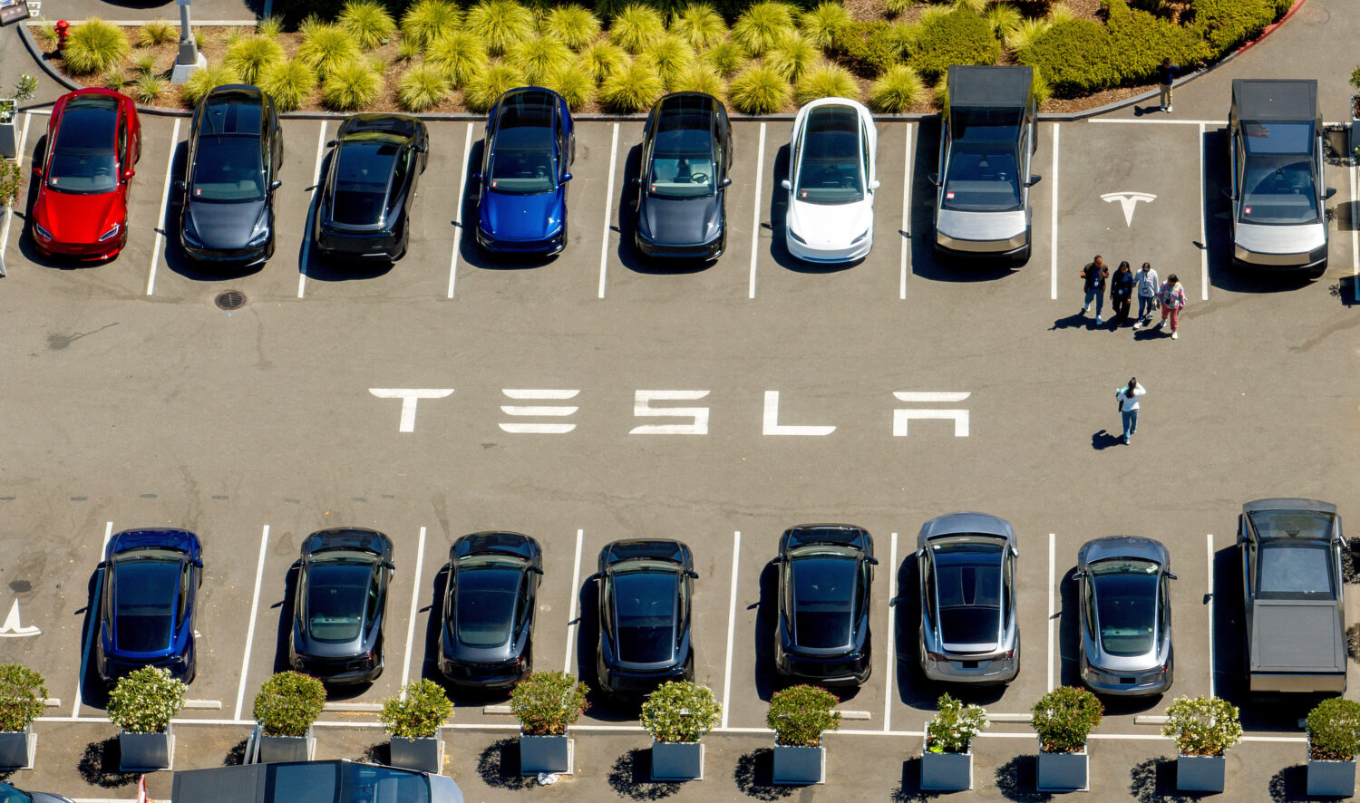 FILE - Tesla vehicles line a parking area at the company's Fremont, Calif., factory on Tuesday, Aug...