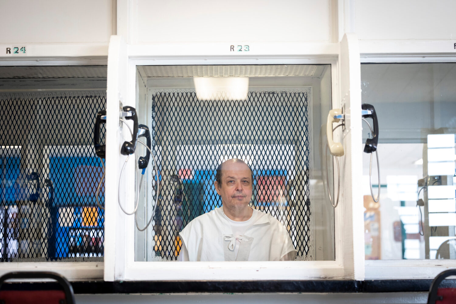 Robert Roberson waits to be interviewed in a locked visitation cell at the Allan B. Polunsky Unit p...