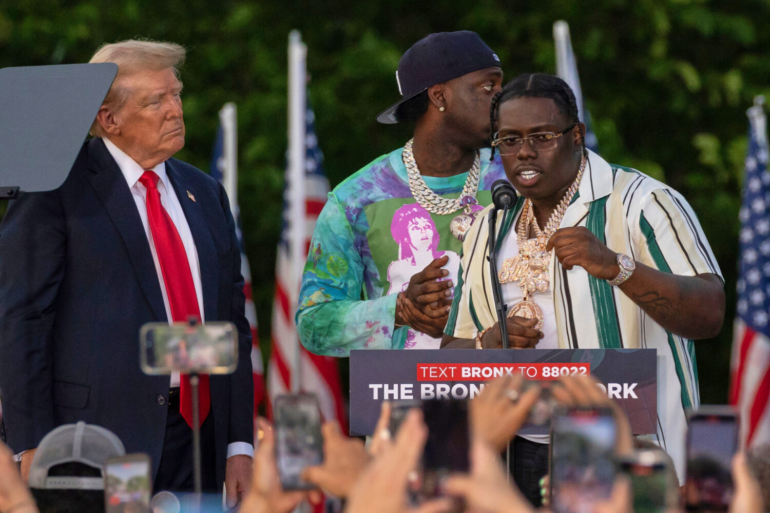 FILE - Rapper Sheff G, also known as Michael Williams, right, joins then Republican presidential ca...