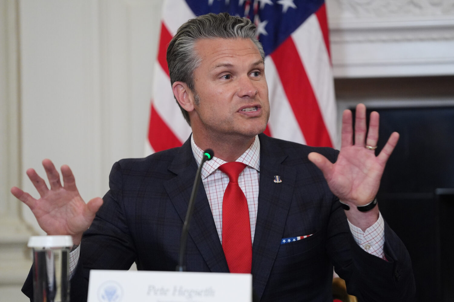 Defense Secretary Pete Hegseth speaks during a roundtable on criminal cartels with President Donald...