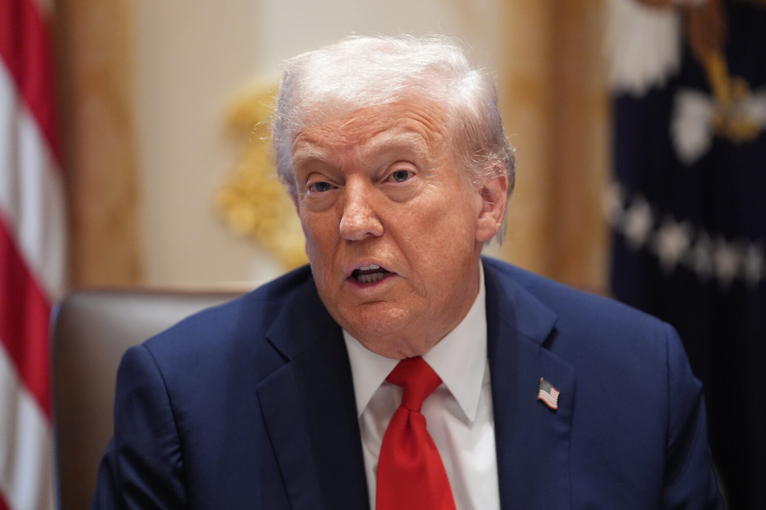 President Donald Trump speaks during a cabinet meeting at the White House, Thursday, Oct. 9, 2025, ...