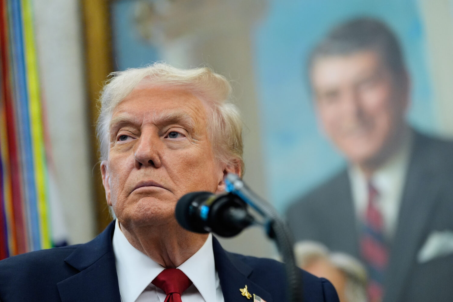 President Donald Trump speaks in the Oval Office of the White House, Tuesday, Sept. 30, 2025, in Wa...