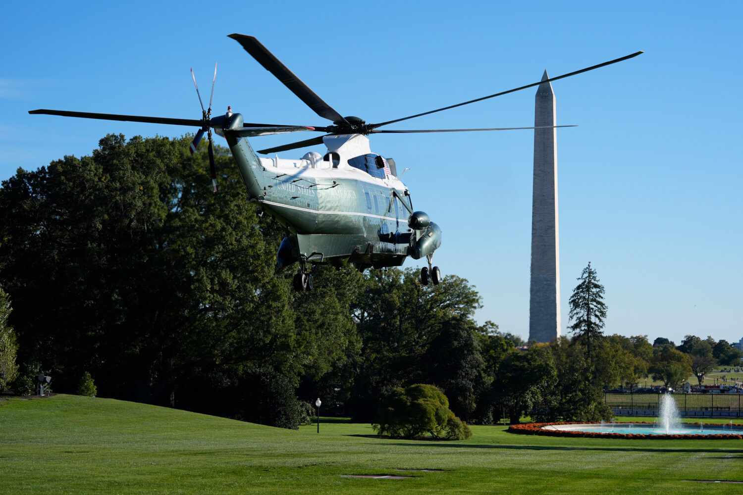 Marine One with President Donald Trump on board departs from the South Lawn of the White House, Fri...