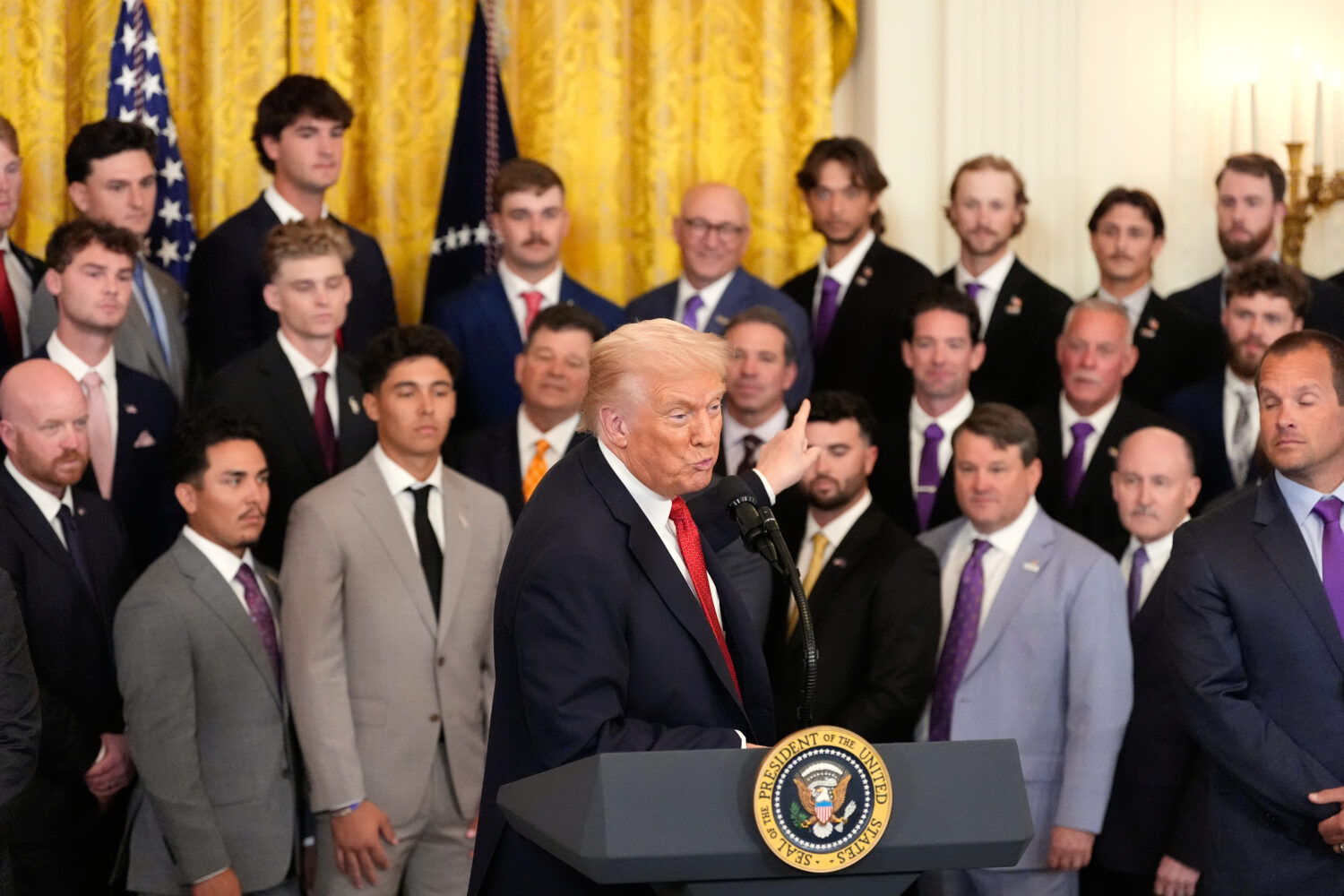 President Donald Trump speaks during an event to welcome the 2025 LSU and LSU-Shreveport national c...