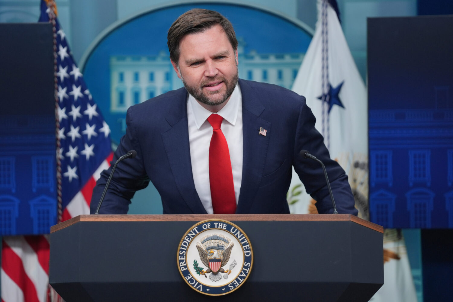 Vice President JD Vance speaking with reporters in the James Brady Press Briefing Room at the White...
