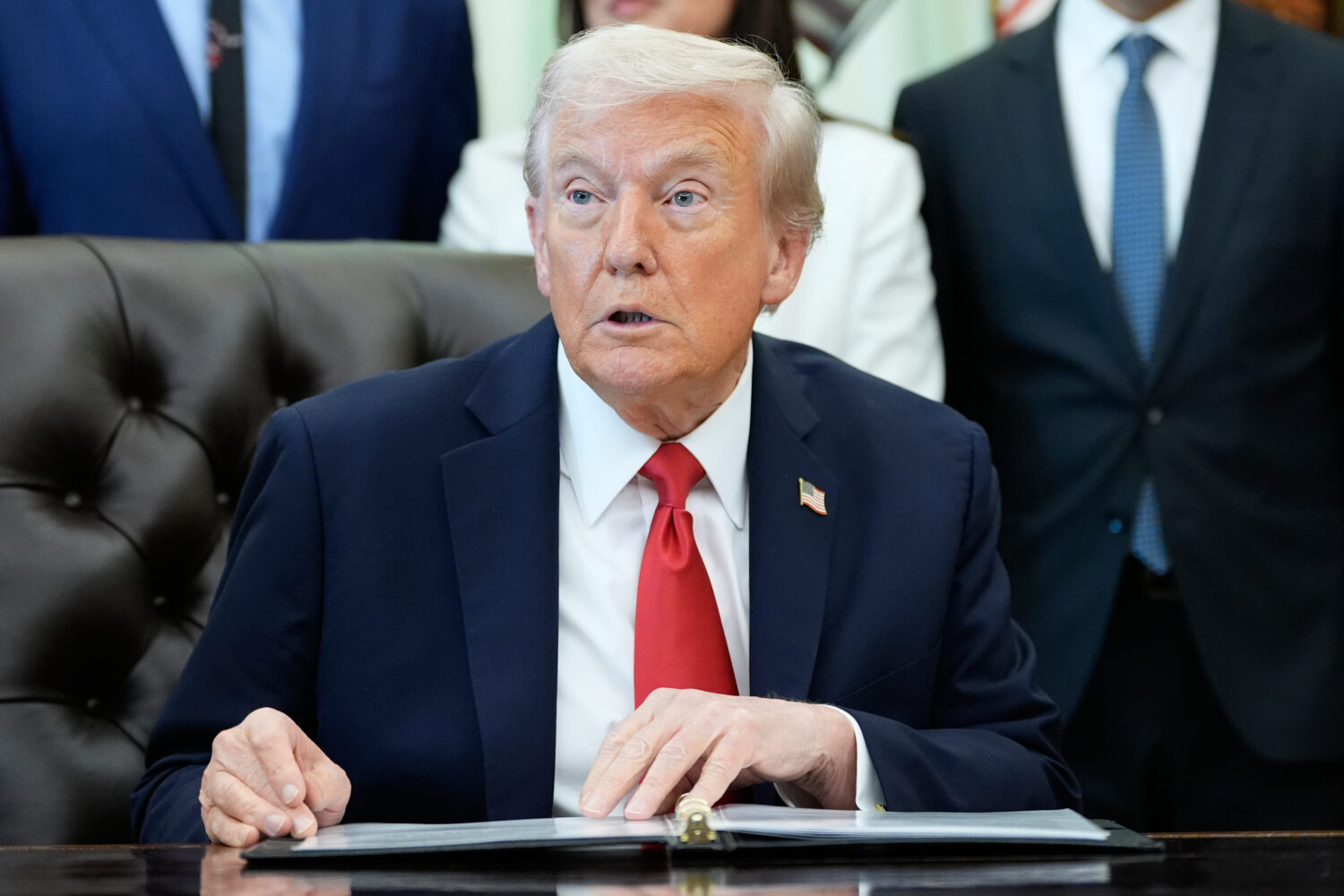 President Donald Trump speaks in the Oval Office of the White House, Thursday, Oct. 16, 2025, in Wa...