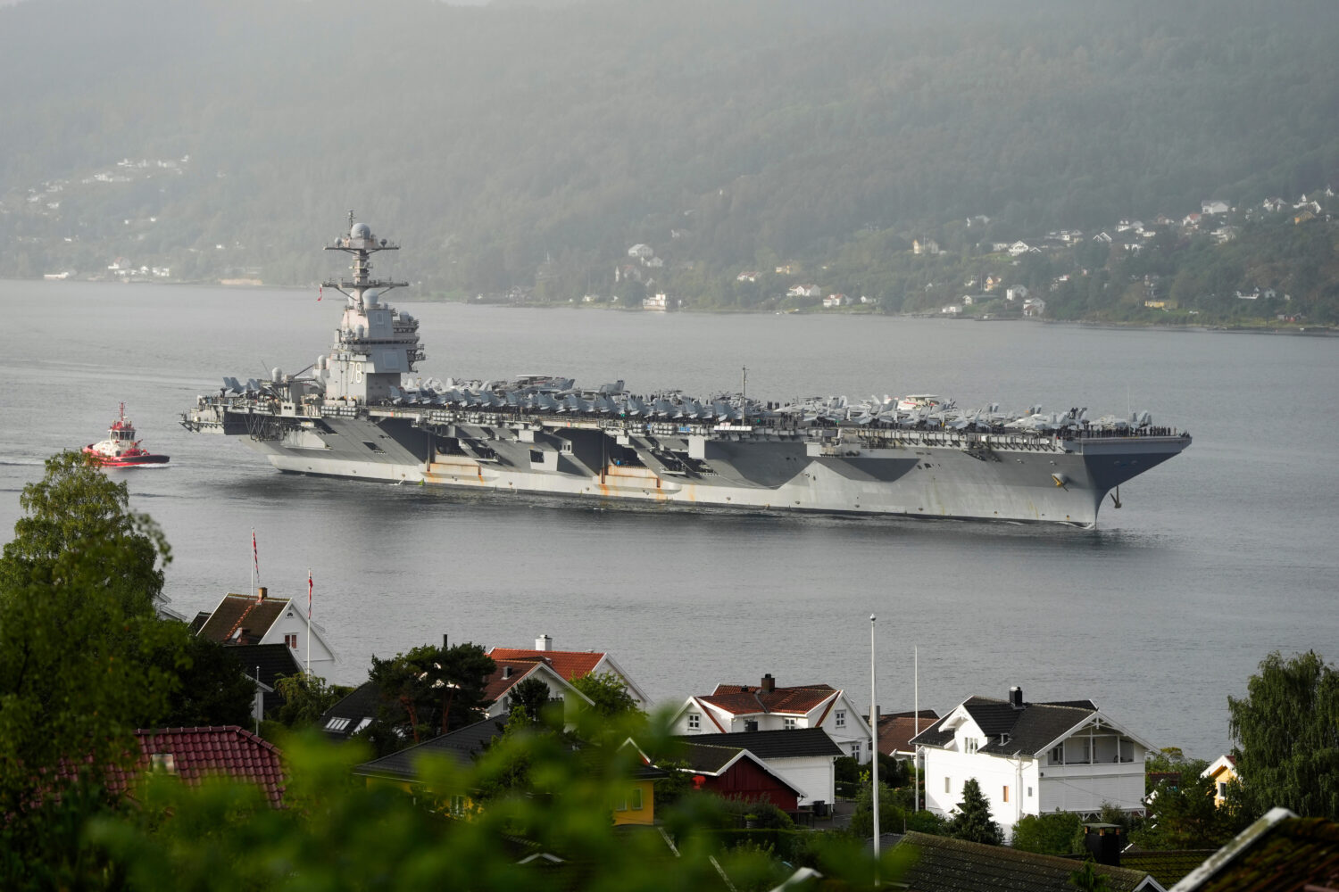 FILE - The American aircraft carrier USS Gerald R. Ford, on its way into the Oslofjord, at Drobak i...