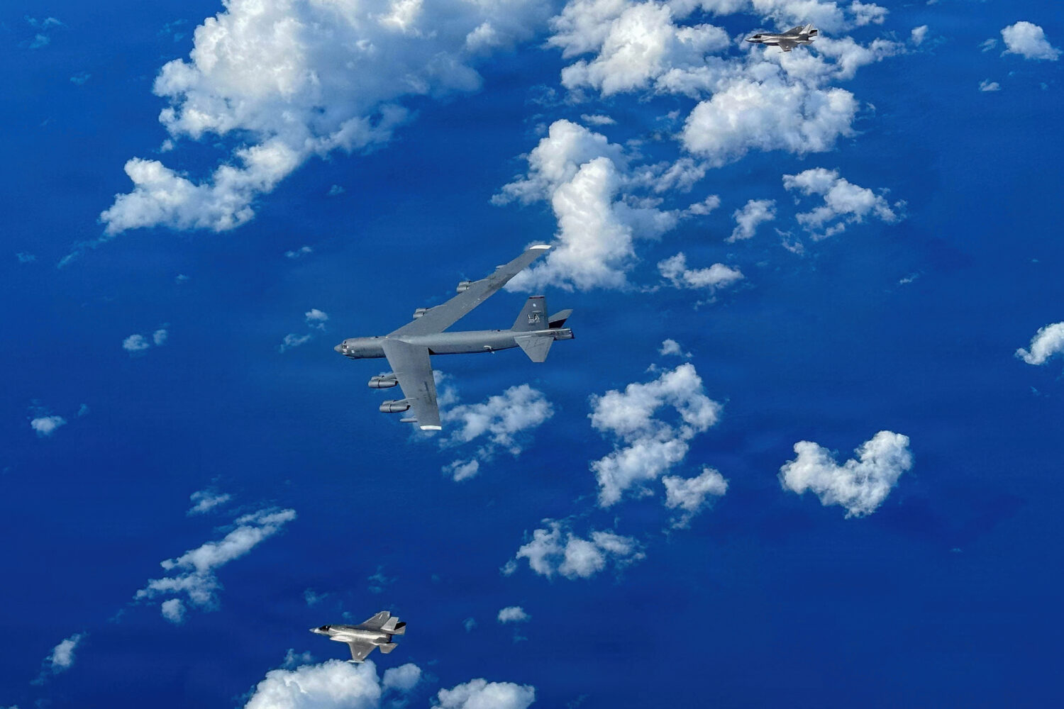 In this image provided by the U.S. Air Force, A Marine Corps F-35B Lightning II aircraft flies alon...