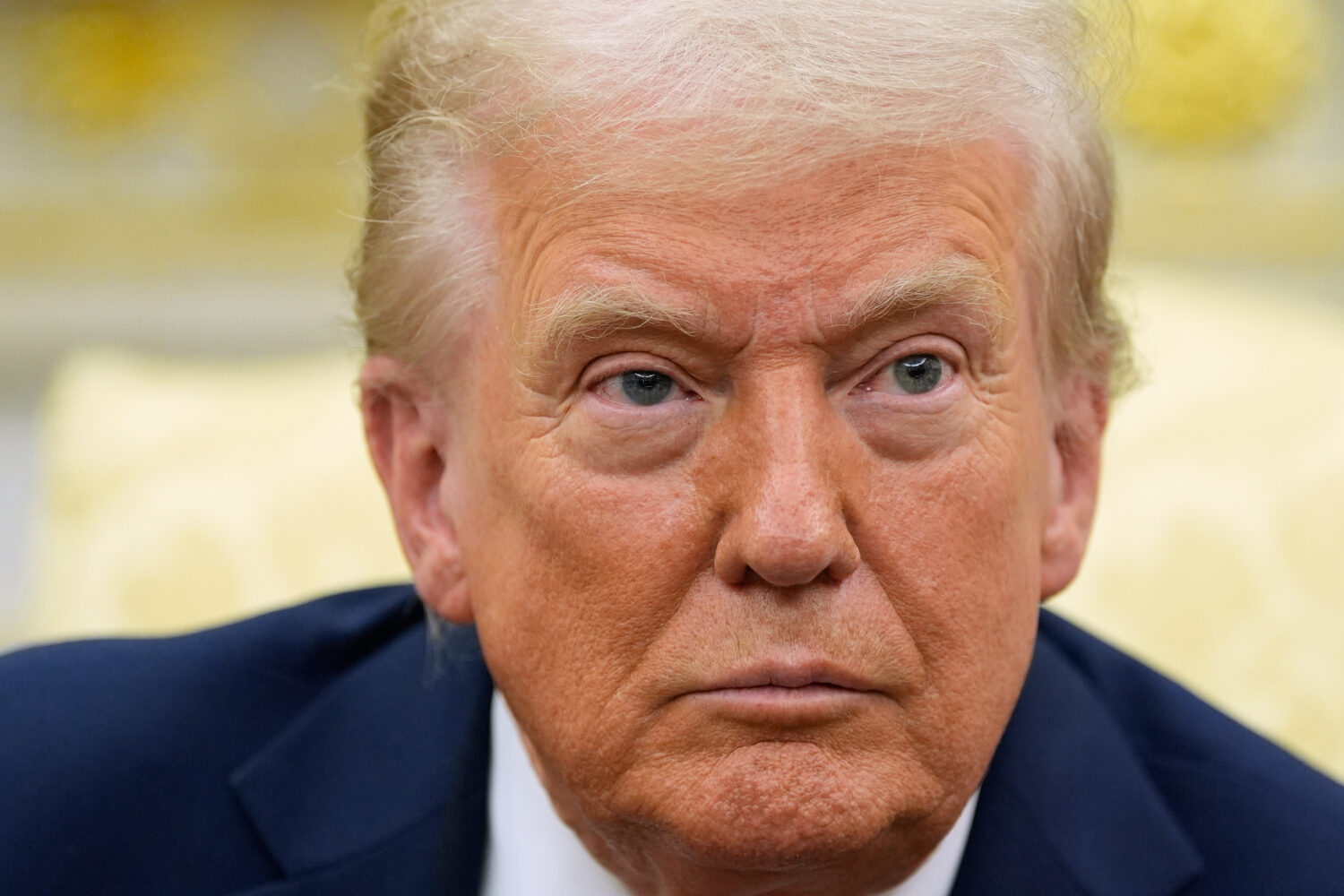 President Donald Trump listens during a meeting with Finland's President Alexander Stubb in the Ova...