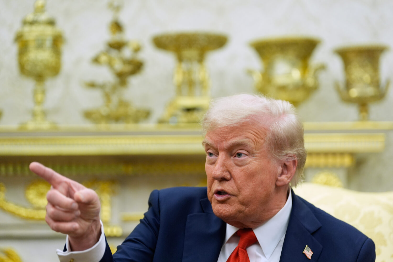President Donald Trump calls on a reporter to ask a question during a meeting with Finland's Presid...