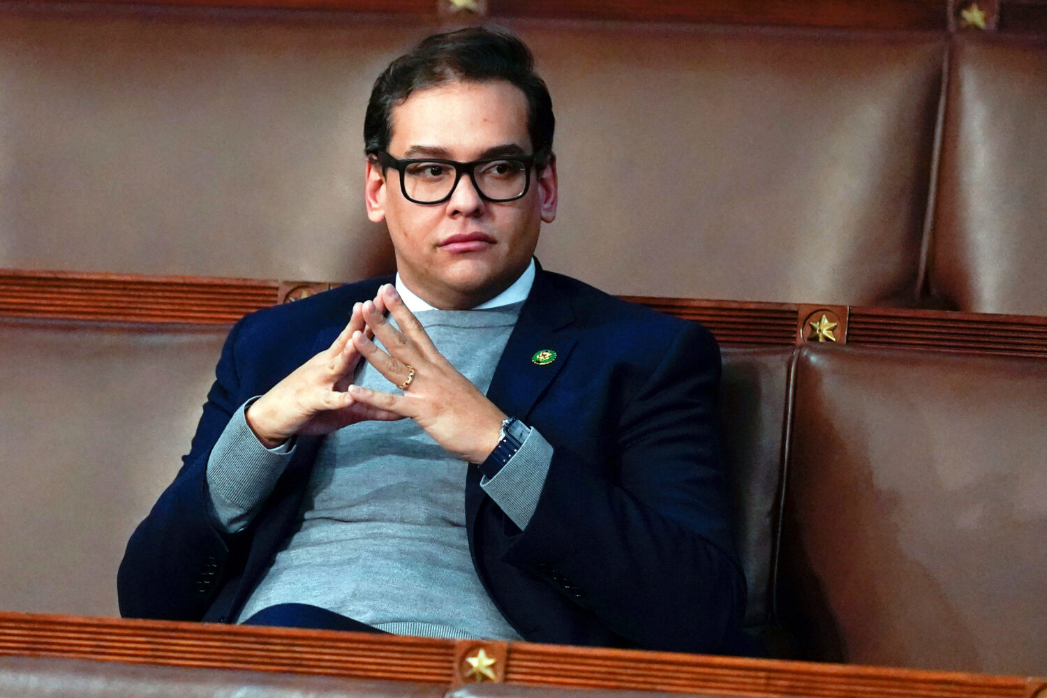 FILE - Rep. George Santos, R-N.Y., waits for the start of a session in the House chamber in Washing...
