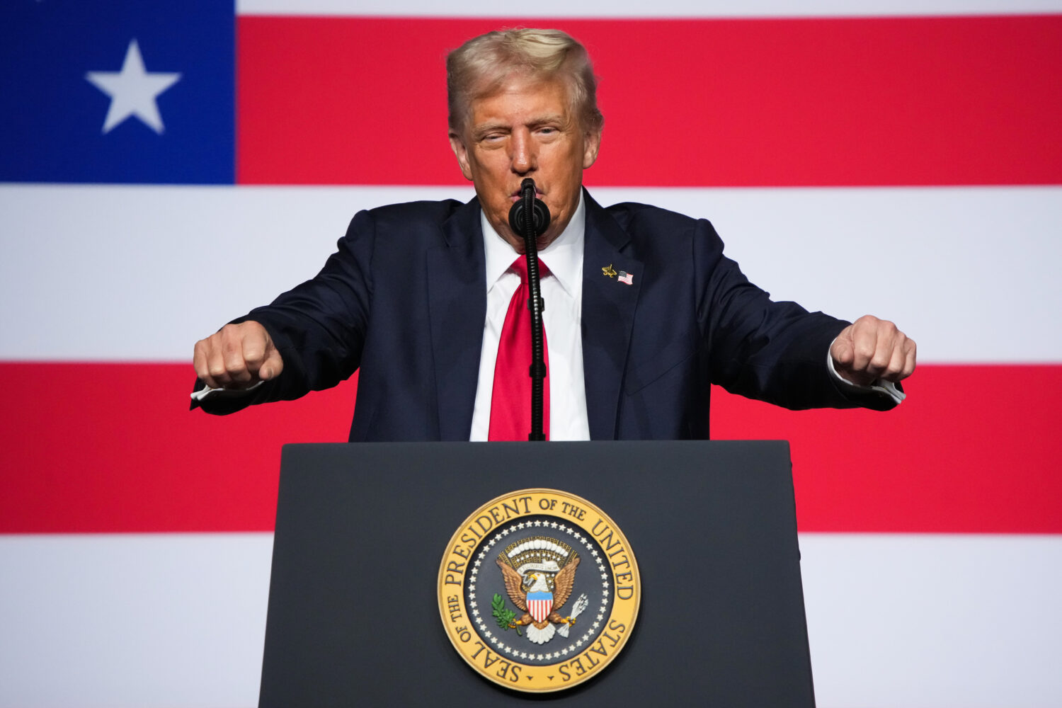 President Donald Trump speaks to a gathering of top U.S. military commanders at Marine Corps Base Q...