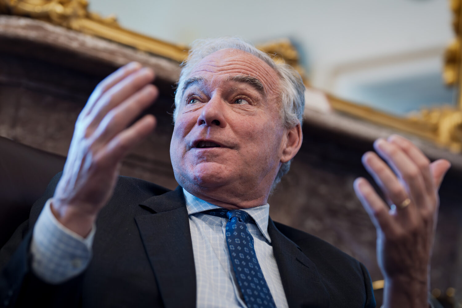 Sen. Tim Kaine, D-Va., meets with reporters to discuss President Donald Trump's strategy on tariffs...