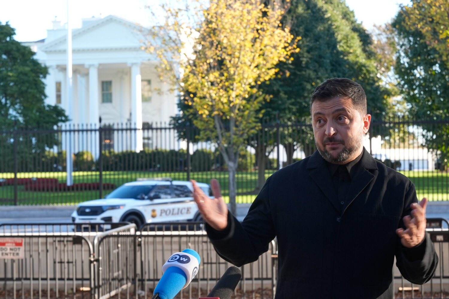 Ukraine's President Volodymyr Zelenskyy speaks to reporters in Lafayette Park across the street fro...