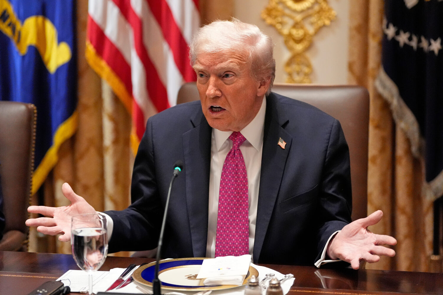 President Donald Trump speaks before a lunch with Ukraine's President Volodymyr Zelenskyy in the Ca...
