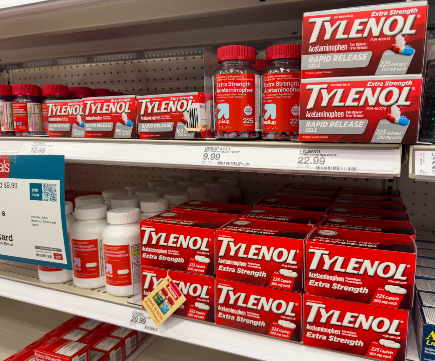 FILE - Tylenol pain relief products are shown on a store shelf in Carmel, Ind., Sept. 23, 2025. (AP...