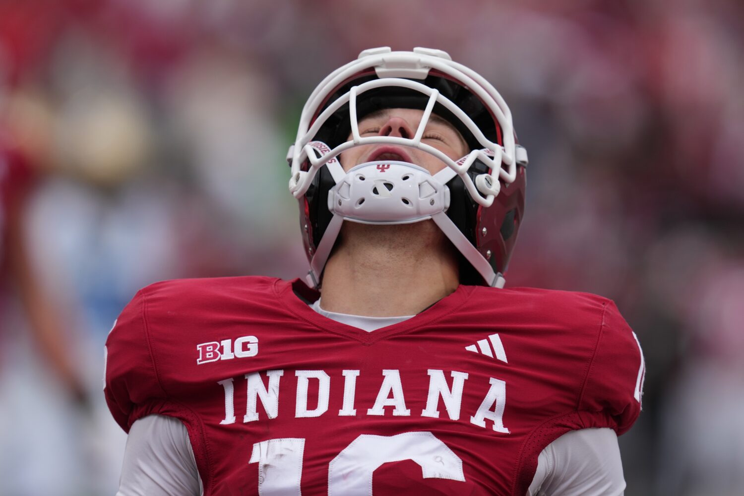 Indiana quarterback Alberto Mendoza (16) reacts after rushing for a touchdown during the second hal...