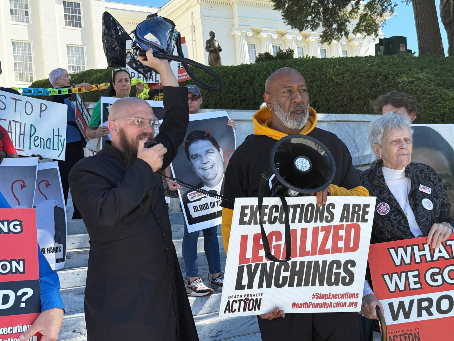 The Rev. Jeff Hood speaks at a protest against the death penalty on Wednesday, Oct. 22, 2025, at th...
