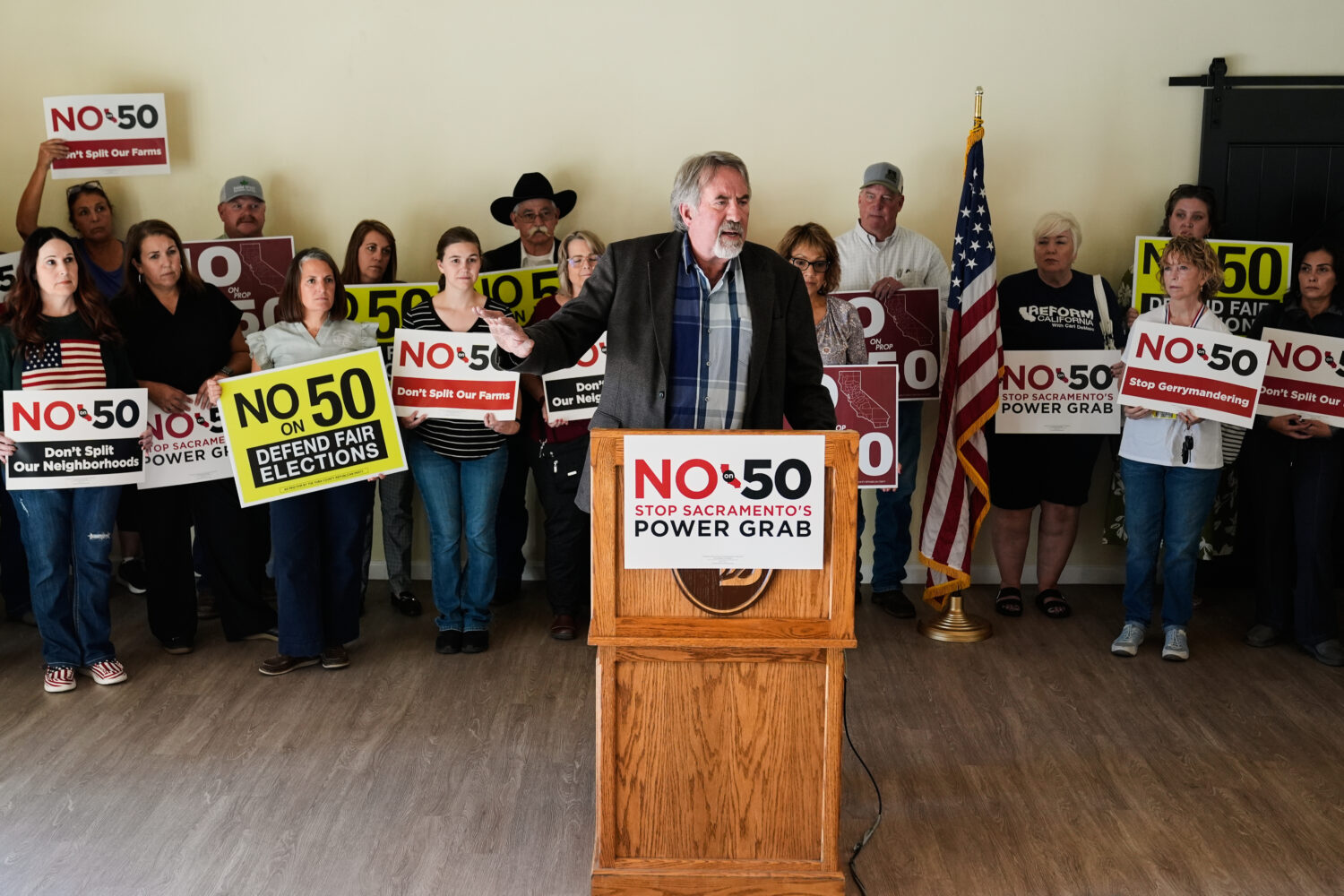 U.S. Rep. Doug LaMalfa, R-Calif., center, speaks during a press conference in Chico, Calif., Wednes...