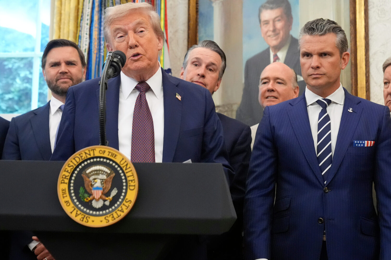 FILE - President Donald Trump speaks about the relocation of U.S. Space Command headquarters from C...