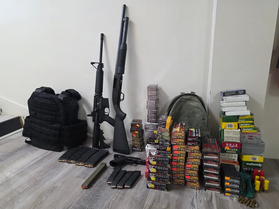 This undated photo provided by Clarke County Sheriff’s Department Oct. 29, 2025, shows weapons an...