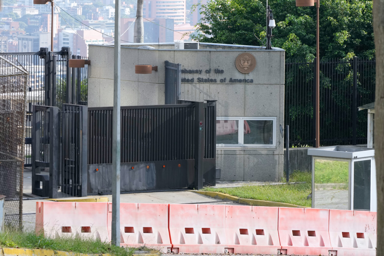 The entrance to the U.S. embassy in Caracas, Venezuela, Monday, Oct. 6, 2025. (AP Photo/Ariana Cubi...