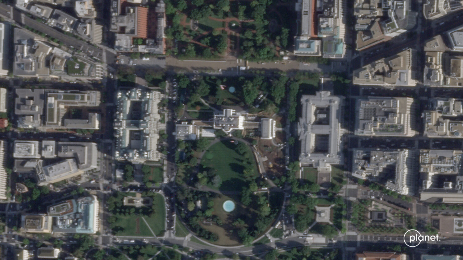 This satellite image from Planet Labs PBC shows the White House in Washington, Sept. 26, 2025, with...