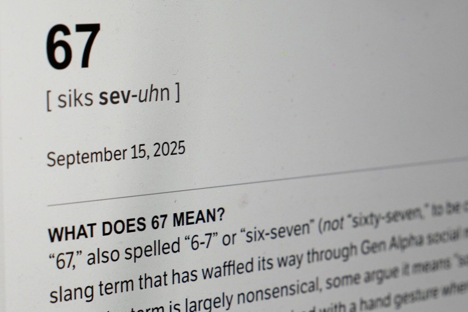 This Dictionary.com page shows the newest word of the year "6-7" on a computer screen, Thursday, Oc...