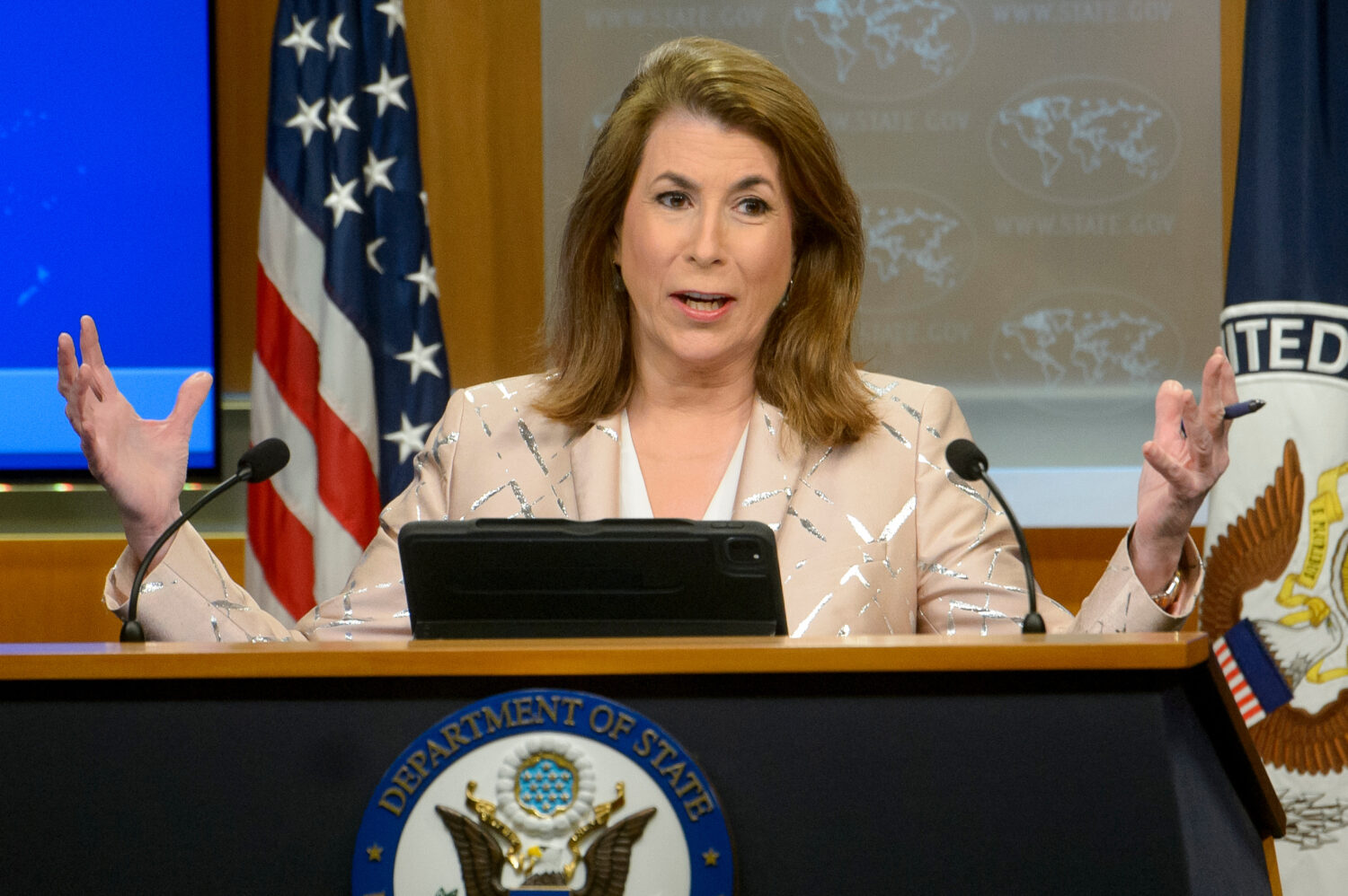 FILE - State Department spokesperson Tammy Bruce speaks during a briefing at the State Department, ...
