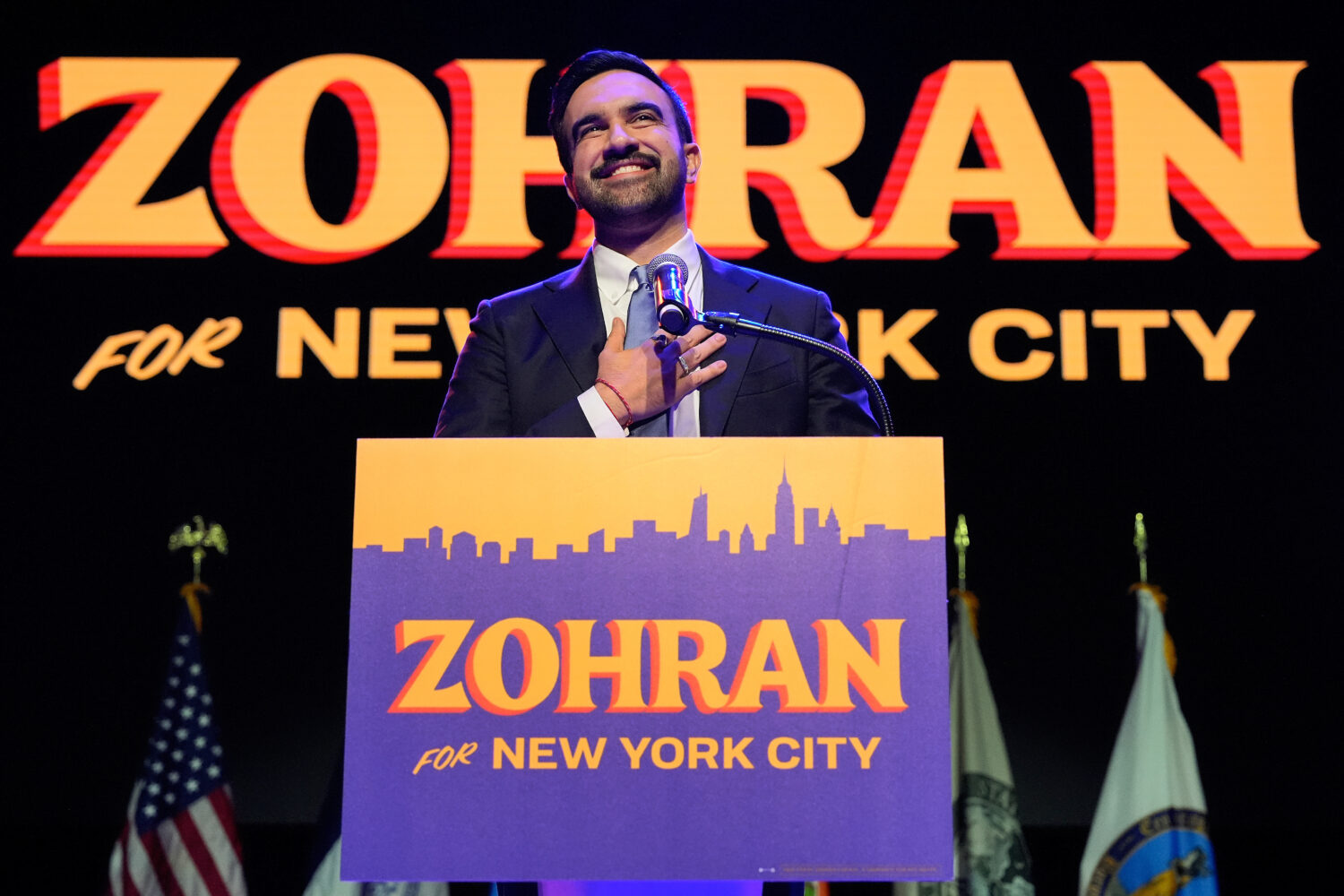 Zohran Mamdani speaks during a victory speech at a mayoral election night watch party, Tuesday, Nov...