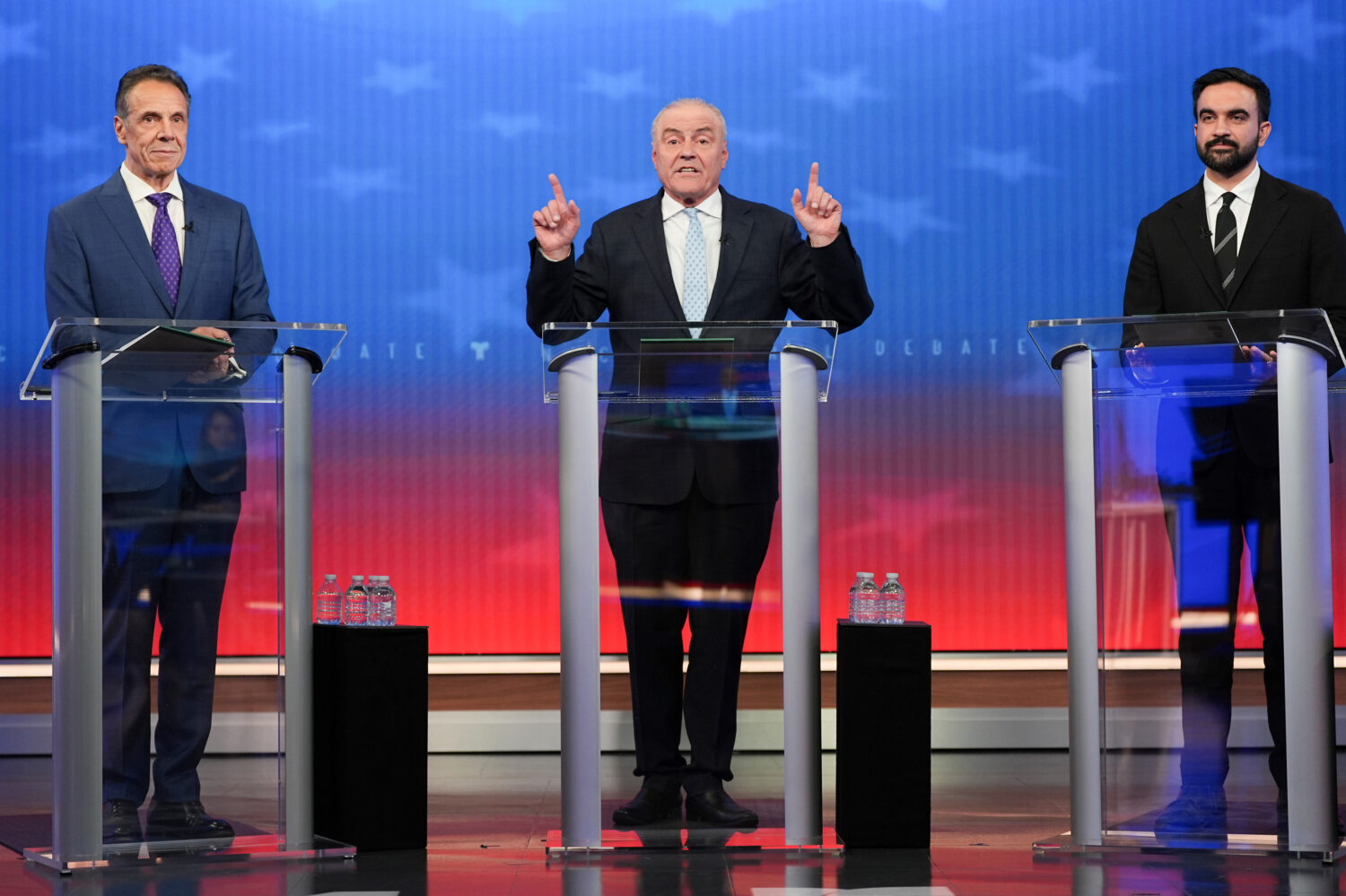 Republican candidate Curtis Sliwa, center, speaks during a mayoral debate with independent candidat...