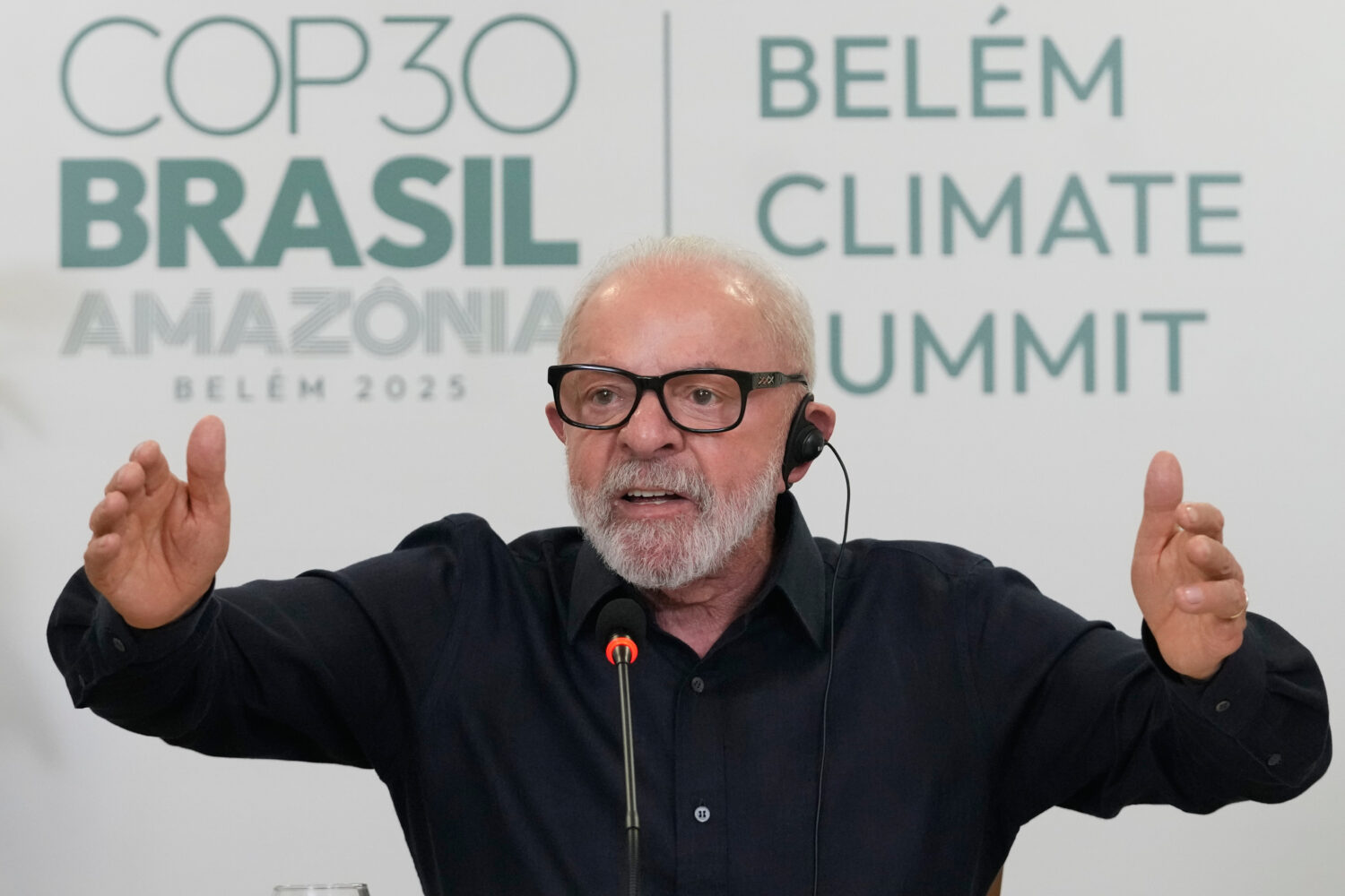 Brazil's President Luiz Inacio Lula da Silva speaks during an interview with the foreign media ahea...