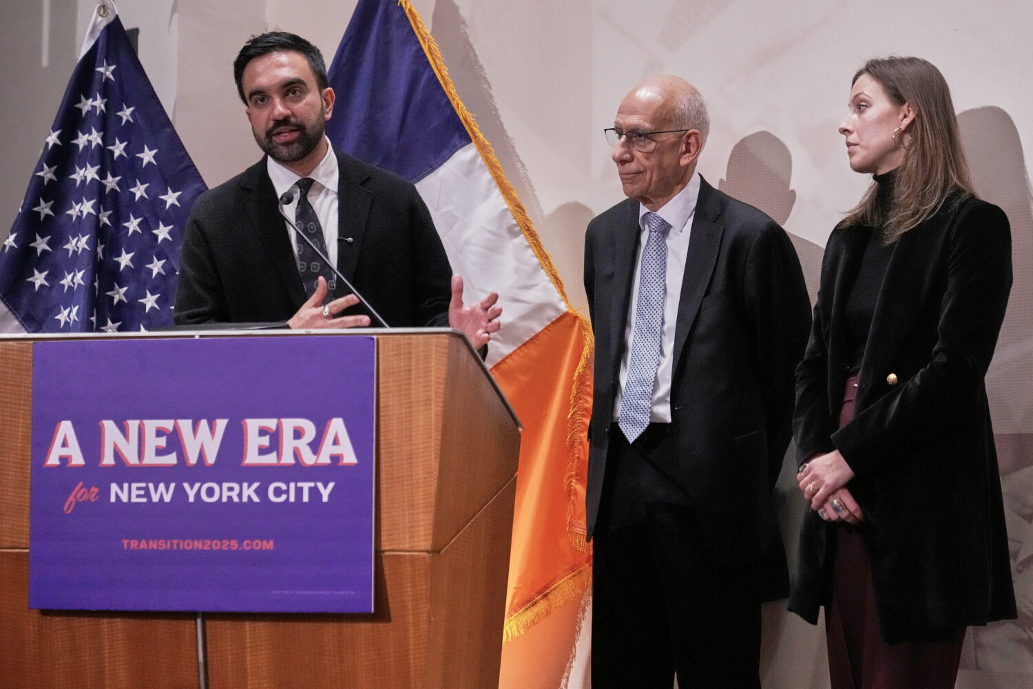 CORRECTS NAME SPELLING: New York Mayor-elect Zohran Mamdani, left, announces the appointment of Dea...