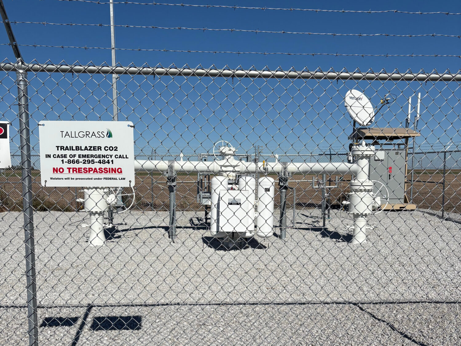 A facility along the Tallgrass Trailblazer carbon dioxide pipeline is seen Oct. 17, 2025, near Glen...